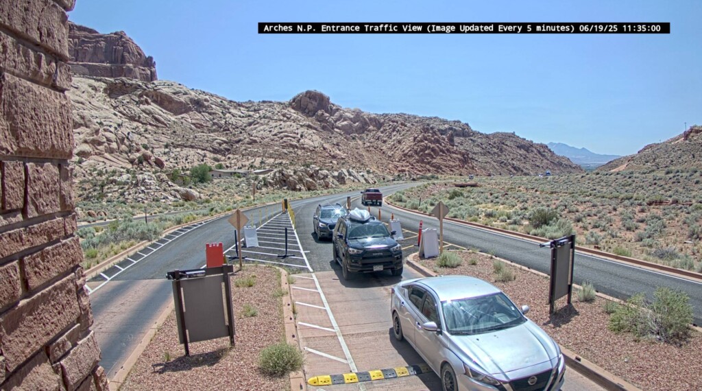 (National Park Service) The Arches National Park entrance road, as seen from the entrance station webcam on June 7, shows minimal traffic on one of the hottest days of 2025.