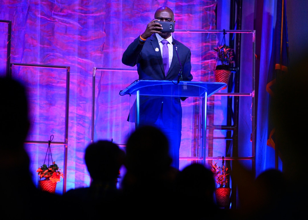 (Scott Sommerdorf | The Salt Lake Tribune)
Keynote speaker Michael Blake fires up the crowd as he speaks at the Democratic convention, Saturday, April 28, 2018 at the Salt Palace Convention Center in Salt Lake City, Utah.