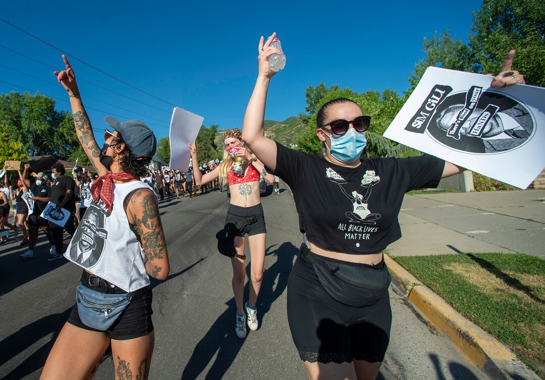 (Rick Egan  |  The Salt Lake Tribune)     Protesters dance as they march on Foothill Drive, during a march for Justice in Salt Lake City, on Sunday, July 12, 2020.
