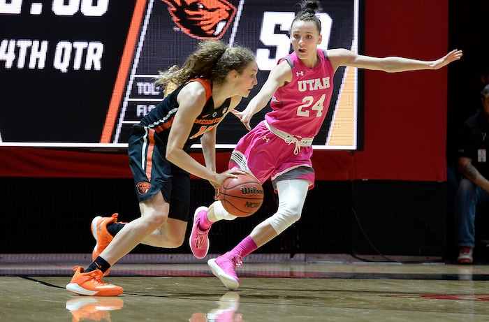 Scott Sommerdorf | The Salt Lake TribuneUtah Utes guard/forward Tilar Clark (24) tries to keep up pressure on Oregon State Beavers guard Katie McWilliams (10) during second half play. Oregon State defeated Utah 69-58, Friday, January 26, 2018.