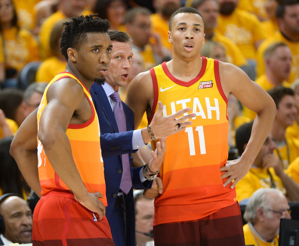 (Leah Hogsten  |  The Salt Lake Tribune) Utah Jazz head coach Quin Snyder talks with Utah Jazz guard Donovan Mitchell (45) and Utah Jazz guard Dante Exum (11)  as the Utah Jazz take on the Houston Rockets in Game 3 of an NBA basketball second-round playoff series Friday, May 4, 2018 in Salt Lake City.