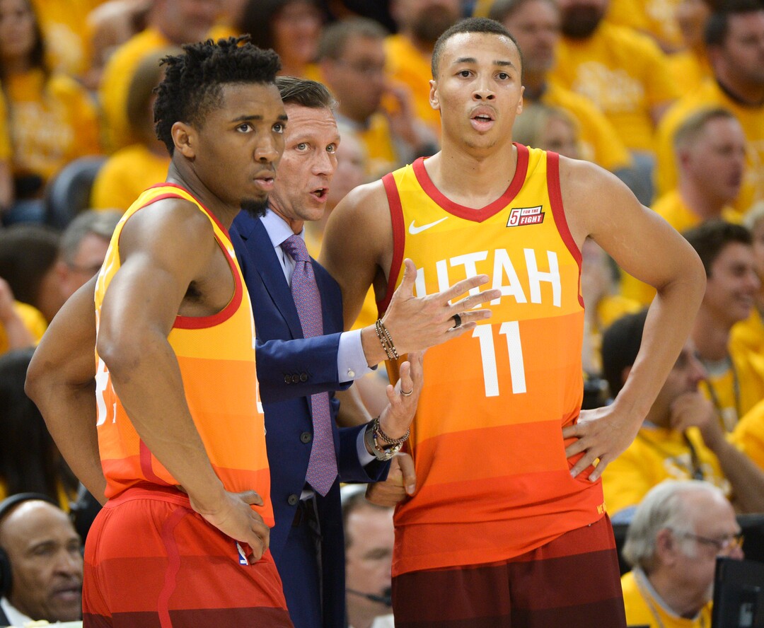 (Leah Hogsten  |  The Salt Lake Tribune) Utah Jazz head coach Quin Snyder talks with Utah Jazz guard Donovan Mitchell (45) and Utah Jazz guard Dante Exum (11)  as the Utah Jazz take on the Houston Rockets in Game 3 of an NBA basketball second-round playoff series Friday, May 4, 2018 in Salt Lake City.