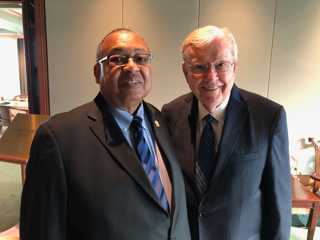 (Courtesy photo of The Church of Jesus Christ of Latter-day Saints) Acting President M. Russell Ballard, right, of the Quorum of the Twelve Apostles with Leon W. Russell, chairman of the board of directors of the NAACP, on Temple Square in Salt Lake City, Saturday, Oct. 6, 2018.