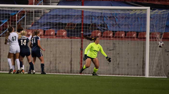 (Francisco Kjolseth  |  The Salt Lake Tribune) Olympus sees their game winning goal by Emma Neff #9 as Bonneville goalie Abree Beardall sees the the header go wide during their 5A high school girls championship game at Rio Tinto Stadium in Sandy on Friday, Oct. 23, 2020. Bonneville won 1-0 in overtime.