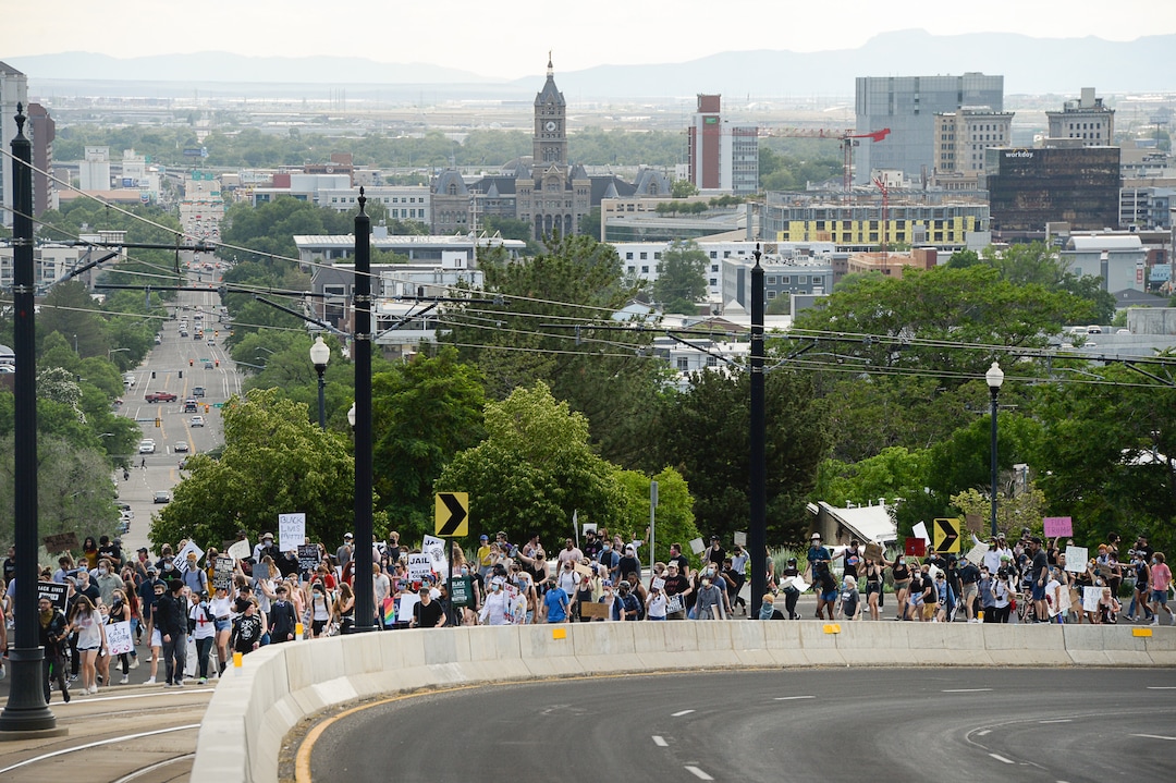 (Francisco Kjolseth  |  The Salt Lake Tribune) Demonstrators protesting against police brutality make their way to the University of Utah on Wednesday, June 3, 2020, in Salt Lake City, as the initially set 8 p.m. weeklong curfew was removed.