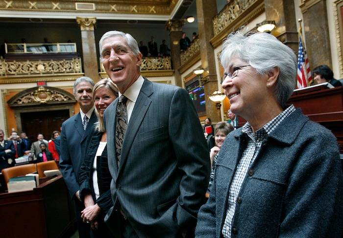 Scott Sommerdorf  |  The Salt Lake Tribune
Former Utah Jazz head coach Jerry Sloan and assistant coach Phil Johnson (far left) listen as they are applauded In the Utah House of Representatives, Monday, March 7, 2011. The two former coaches were accompanied by Gail Miller, wife of former Jazz owner Larry Miller (right).