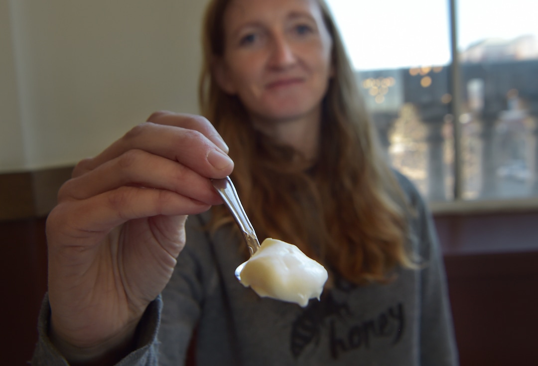 (Scott Sommerdorf   |  The Salt Lake Tribune)   Jolene Hale offers a sample of the vanilla yogurt at the Rio Grande Winter Market, Saturday, November 11, 2017. The market is a project of Urban Food Connections of Utah and will be held every Saturday, through April 21st, from 10 AM - 2 PM.