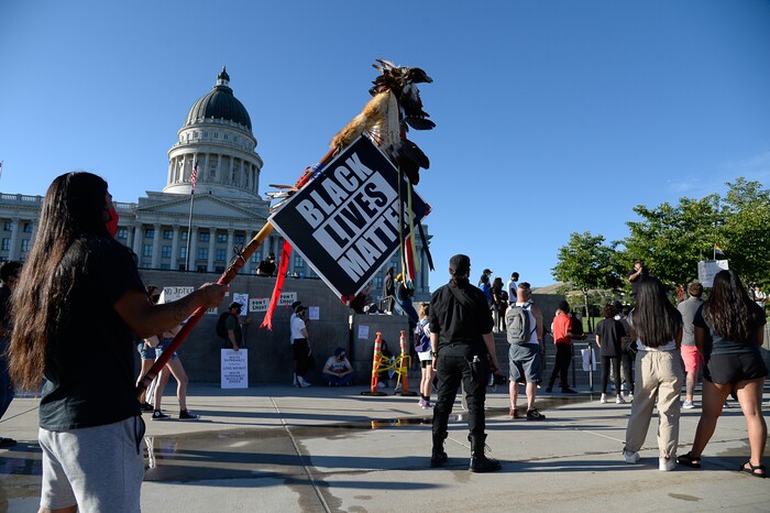 (Francisco Kjolseth  |  The Salt Lake Tribune) Protesters shout "no justice, no peace," as they rally for Black Lives Matter at the Utah Capitol on Friday, June 26, 2020.