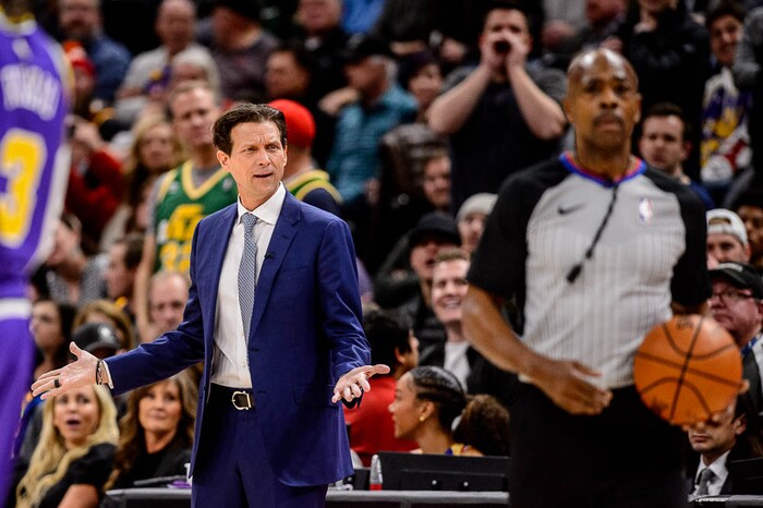 (Trent Nelson | The Salt Lake Tribune)  
Utah Jazz head coach Quin Snyder reacts as Utah Jazz center Rudy Gobert (27) is called for a foul. The Utah Jazz host the Houston Rockets, NBA basketball in Salt Lake City on Thursday Dec. 6, 2018.