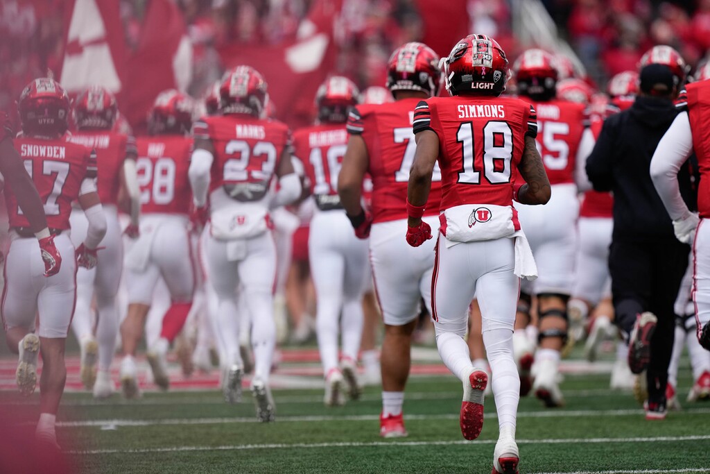 (Francisco Kjolseth  |  The Salt Lake Tribune) The Utah Utes take to the field as they get ready to host the Oregon Ducks, NCAA football in Salt Lake City on Saturday, Oct. 28, 2023.