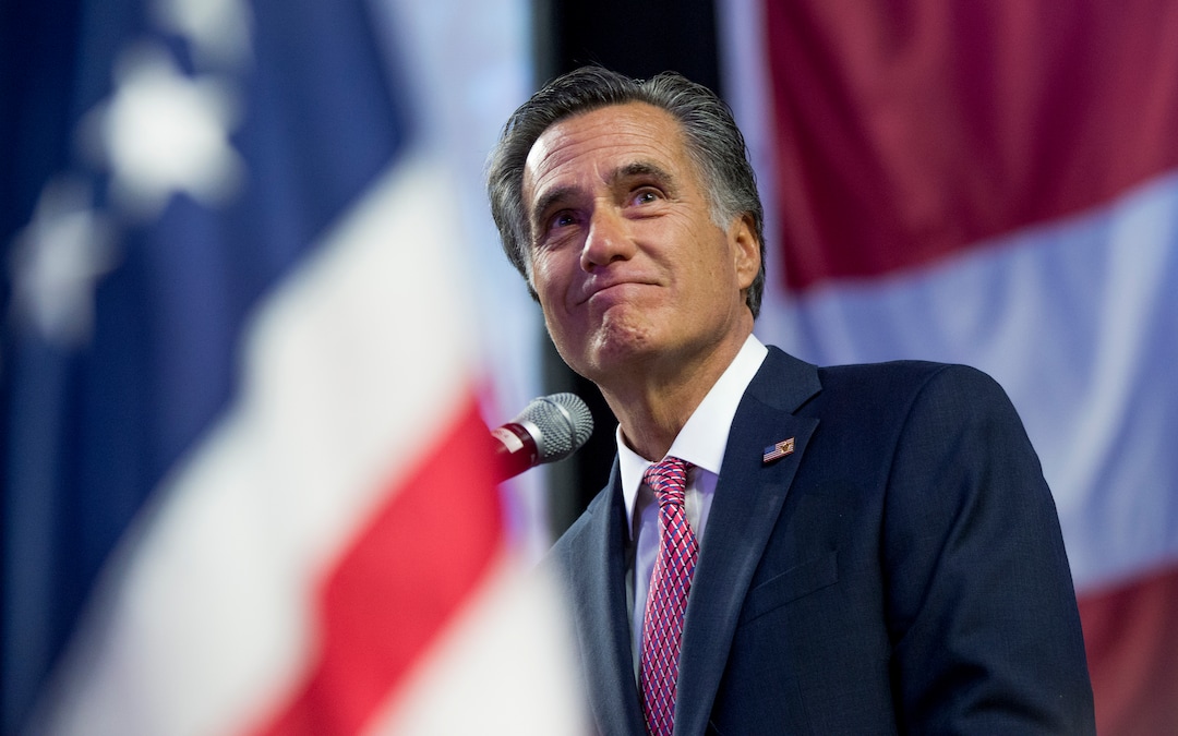 (Leah Hogsten  |  The Salt Lake Tribune) U. S. Senate candidate Mitt Romney delivers his speech to the delegates at the Utah Republican Nominating Convention Saturday, April 21, 2018 at the Maverik Center. 