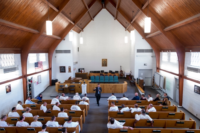 (Rick Egan  |  The Salt Lake Tribune)  Rep. Chris Stewart speaks to inmates at the Utah State Prison, Wednesday, August 23, 2017.


