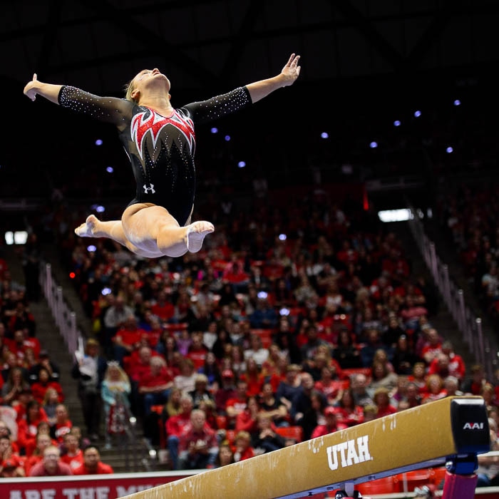 (Trent Nelson | The Salt Lake Tribune)  Maddy Stover on beam as Utah hosts Washington, NCAA gymnastics in Salt Lake City, Saturday February 3, 2018.