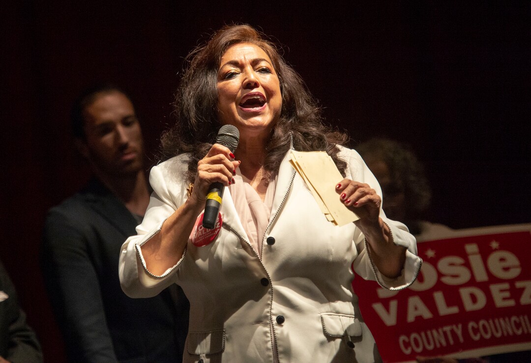 (Rick Egan  |  The Salt Lake Tribune)     Josie Valdez, speaks to the Salt Lake County Democratic Party's Central Committee members, as one of 10 candidates vying the at-large Country Council seats left vacant by now-Salt Lake County Mayor Jenny Wilson, at Eisenhower Jr High, Saturday, Feb. 23, 2019.
