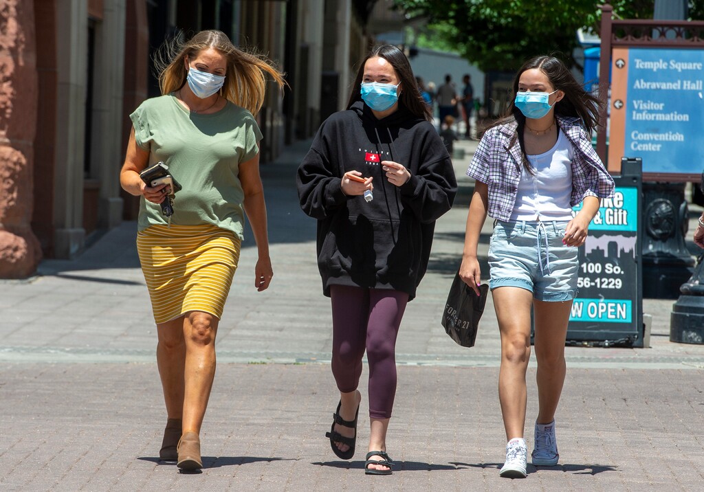 (Rick Egan  |  The Salt Lake Tribune) Kim Phung, left, from Bountiful walks on Main Street, with her daughters, Jasmine and Addy in downtown Salt Lake City on Friday, June 26, 2020.