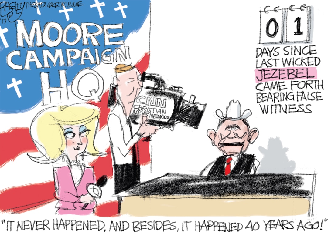 (Pat Bagley | The Salt Lake Tribune) This Pat Bagley cartoon, titled “Bearing Moore False Witness,” appears in The Salt Lake Tribune on Sunday, Nov. 19, 2017.