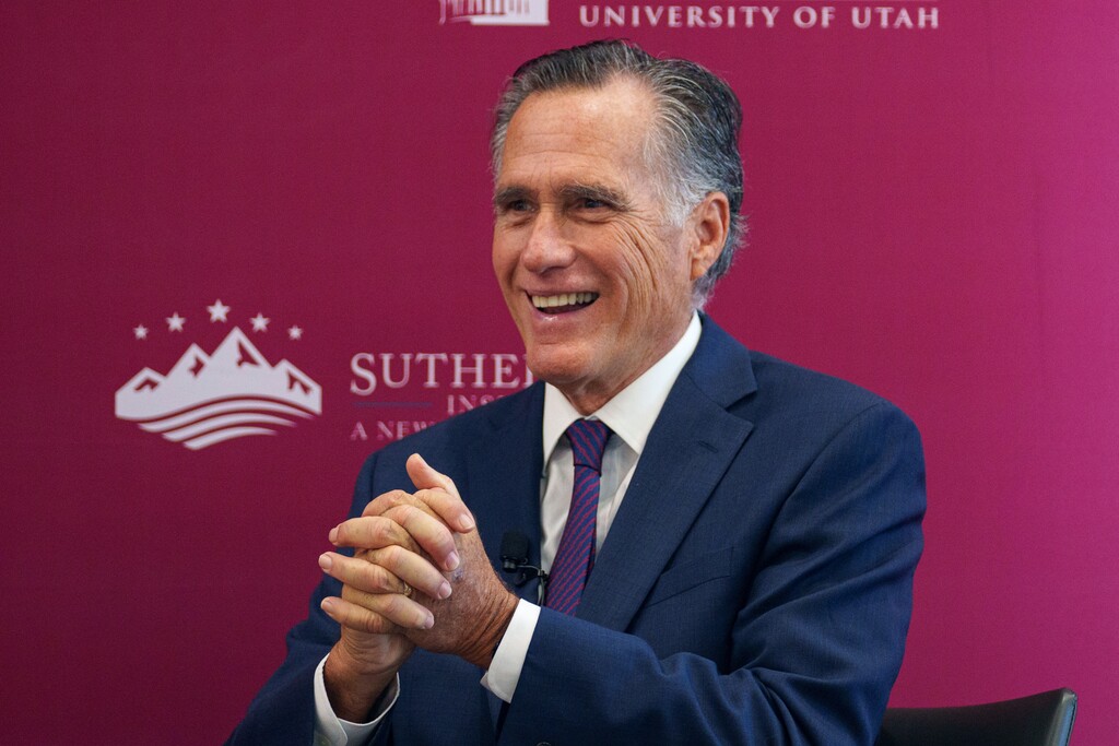 (Trent Nelson | The Salt Lake Tribune) Mitt Romney speaks at the Hinckley Institute of Politics in Salt Lake City in 2024. The former senator has acknowledged that he misread a Tribune commentary.