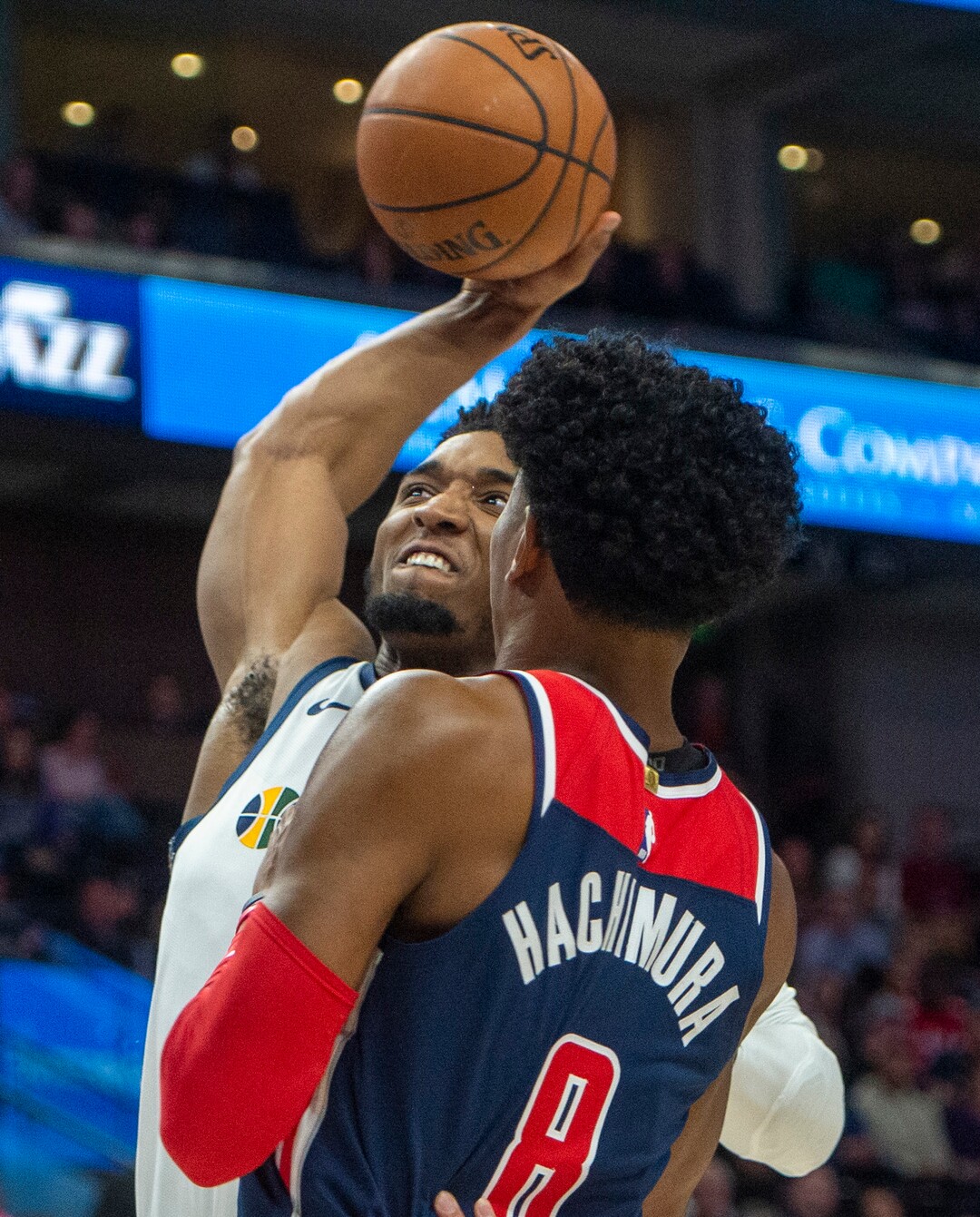 (Rick Egan  |  The Salt Lake Tribune)  Utah Jazz guard Donovan Mitchell (45) goes in for a slam dunk as Washington Wizards forward Rui Hachimura (8)defends,  in NBA action between the Utah Jazz and the Washington Wizards, in Salt Lake City,Friday, February 28, 2020