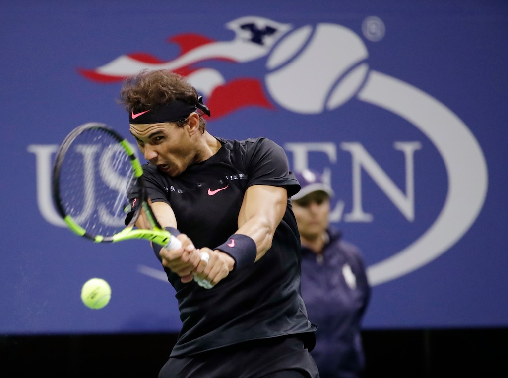 Rafael Nadal, of Spain, returns a shot from Juan Martin del Potro, of Argentina, during the semifinals of the U.S. Open tennis tournament, Friday, Sept. 8, 2017, in New York. (AP Photo/Julio Cortez)