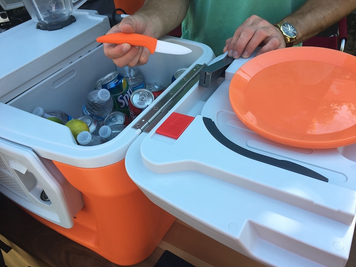 Tom Wharton  |  Special to The Tribune

The Coolest Cooler includes a battery-powered blender, a USB charger, a Bluetooth speaker, bottle opener, corkscrew, LED light, plates, ceramic knife and cutting board.
