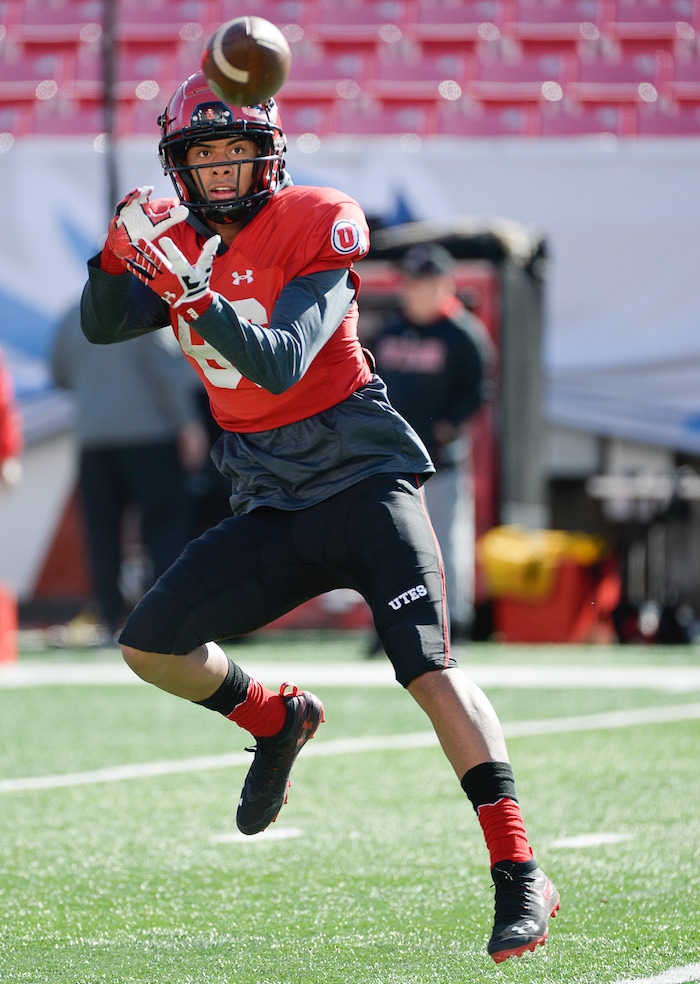 (Francisco Kjolseth  |  The Salt Lake Tribune)  Devaughn Vele, #86, pulls in a pass as the Utah Utes hold their first of two major scrimmages of spring practice at Rice Eccles stadium on Saturday, March 30, 2019, prior to the April 13 Red-White Game. 