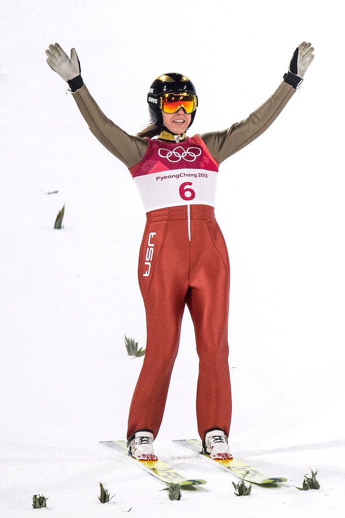 (Chris Detrick  |  The Salt Lake Tribune)  USA's Abby Ringquist reacts after competing in the Ladies' Normal Hill Individual at the Alpensia Ski Jumping during the Pyeongchang 2018 Winter Olympics Monday, February 12, 2018.  Ringquist finished in 29th place with a total of 144.4.