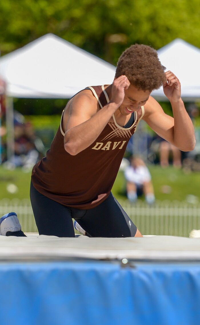 (Leah Hogsten | The Salt Lake Tribune) Davis' Xakai Harry laments not being able to clear 6' 8", but he took home 1st place with his jump of 6' 6" in the 6A Boys' High Jump at the 2018 Utah UHSAA State Track and Field Championships at Clarence Robison Track on the campus of Brigham Young University in Provo, Thursday, May 17, 2018.