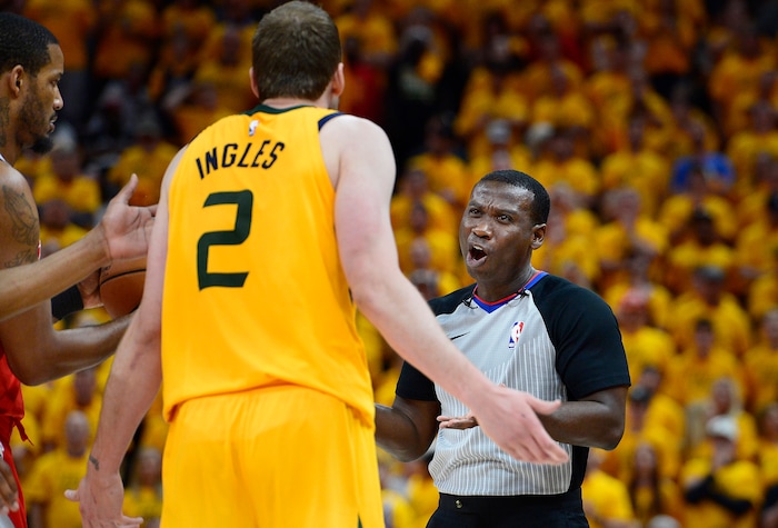 (Scott Sommerdorf | The Salt Lake Tribune)
Referee James Williams (60) talk with Utah Jazz forward Joe Ingles (2) after Ingles complained about a second half foul call. The Rockets beat the Jazz 100-87, Sunday, May 6, 2018.
