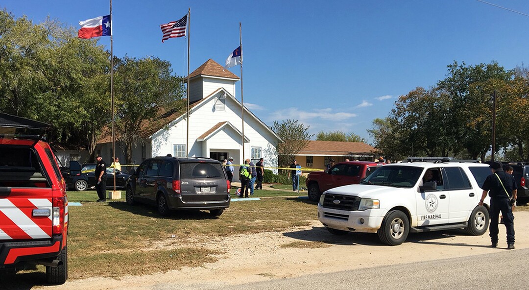 (KSAT via AP) Emergency personnel respond to a fatal shooting at a Baptist church in Sutherland Springs, Texas, Sunday, Nov. 5, 2017.