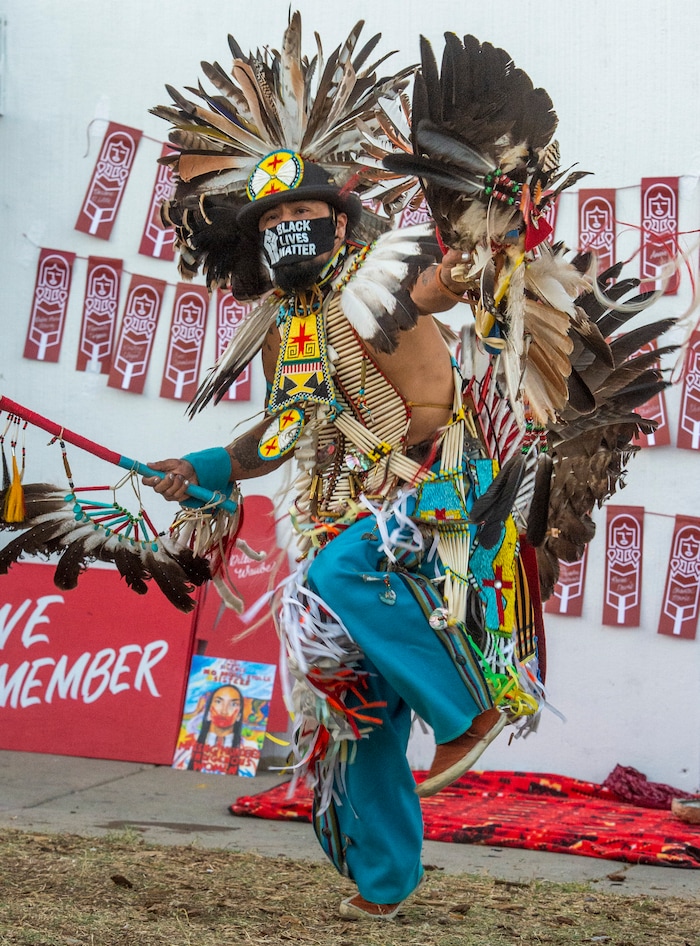 (Rick Egan  |  The Salt Lake Tribune)    Carl Moore dances at the Indigenous Peoples Day celebration, on Monday, Oct. 12, 2020.