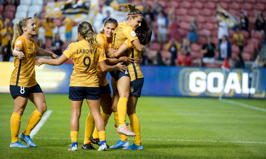 (Leah Hogsten  |  The Salt Lake Tribune) Royals celebrate the second goal as the Utah Royals FC host Sky Blue FC, August 7, 2019 at Rio Tinto Stadium.