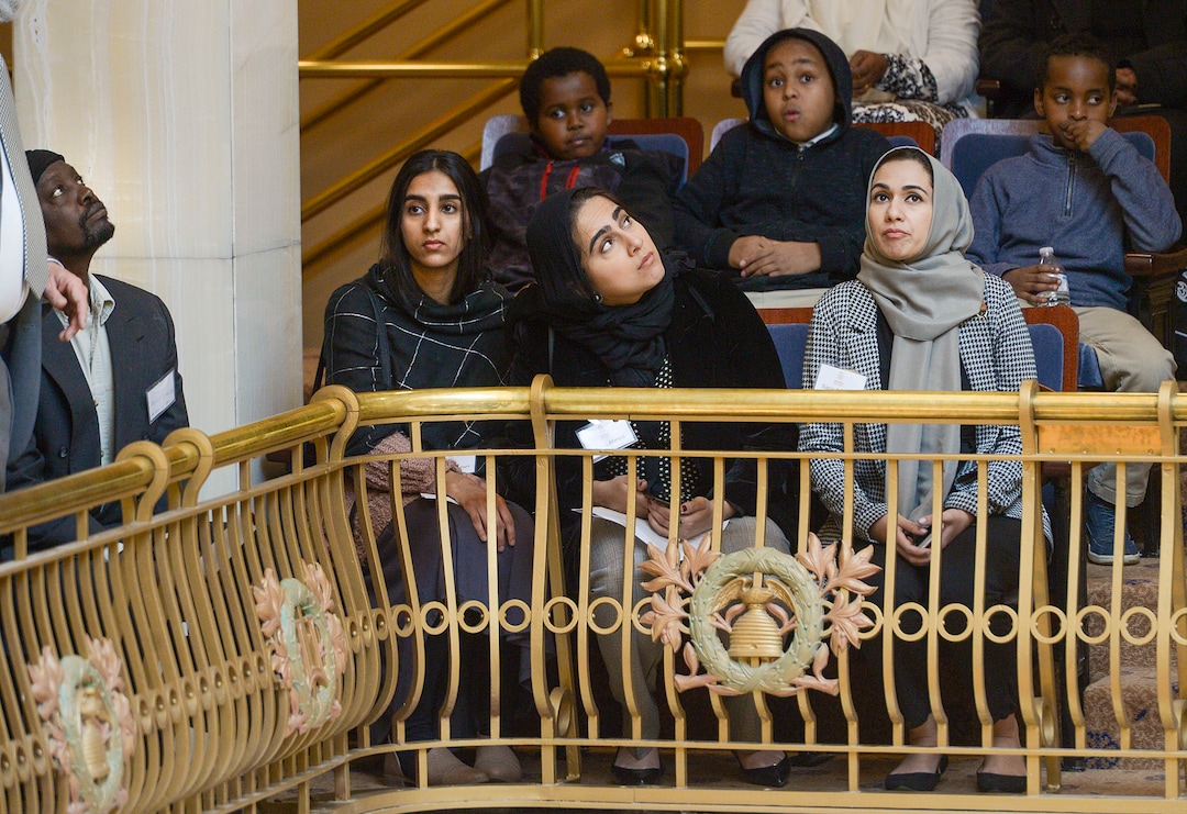 (Leah Hogsten  |  The Salt Lake Tribune)  l-r Sauleha Ibrahim, Hafsa Ahmed and Sana Ashraf visit the Utah Senate gallery with fellow members of the Muslim community, students from Iqra Academy of Utah and members of the Utah Muslim Civic League during the inaugural Muslim Day on the Hill, Feb. 25, 2020 at the Capitol.