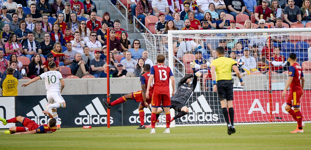 Leah Hogsten  |  The Salt Lake Tribune  Portland Timbers midfielder Sebastian Blanco (10) scores a goal in the first half. Real Salt Lake hosts the Portland Timbers, Saturday, May 4, 2019 at Rio Tinto Stadium in Salt Lake City.