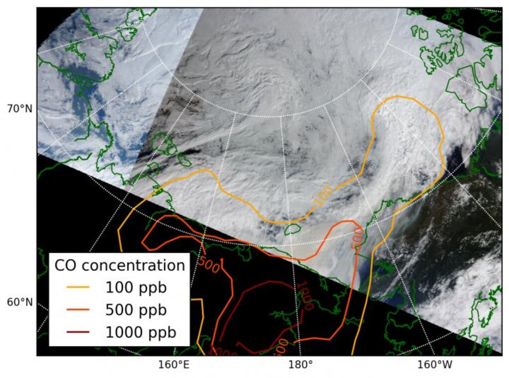 (Photo courtesy of University of Utah, via MODIS/NASA) Satellite images of forest fire smoke interacting with clouds in the Arctic, as seen in July 2012. A new study published in Geophysical Research Letters has found the atmosphere over the Arctic is highly sensitive to air pollution, which accumulates underneath inversions just like pollution on the Wasatch Front.