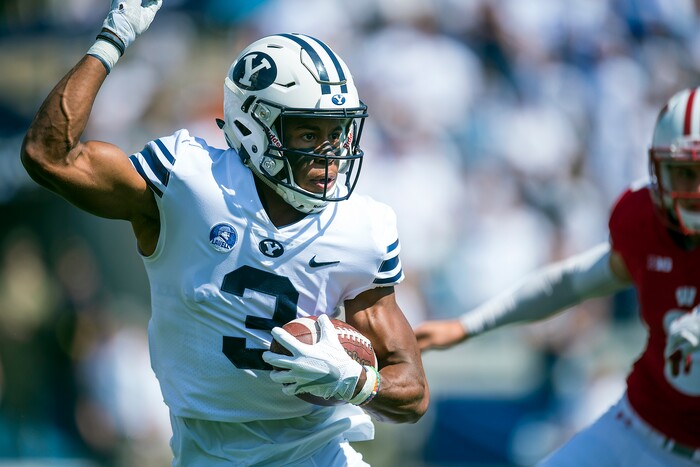 (Chris Detrick  |  The Salt Lake Tribune)   Brigham Young Cougars wide receiver Jonah Trinnaman (3) runs the ball during the game at LaVell Edwards Stadium Saturday Saturday, September 16, 2017. Wisconsin Badgers are leading Brigham Young Cougars 24-6 at halftime.