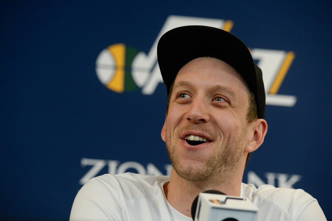 (Francisco Kjolseth  |  The Salt Lake Tribune)  Utah Jazz      forward Joe Ingles has a laugh with the media as he teases about "stupid questions," with the media during exit interviews at their practice facility in Salt Lake City Wed., May 8, 2018, after losing to the Houston Rockets in game 5 of their Western Conference Semifinals during the 2018 NBA Playoffs.