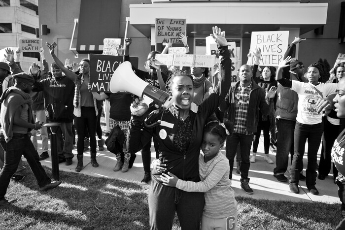 (Autumn Lin | Magnolia Pictures) Activist Brittany Ferrell stands with protesters in Ferguson, Mo., in a moment captured in the documentary "Whose Streets?"