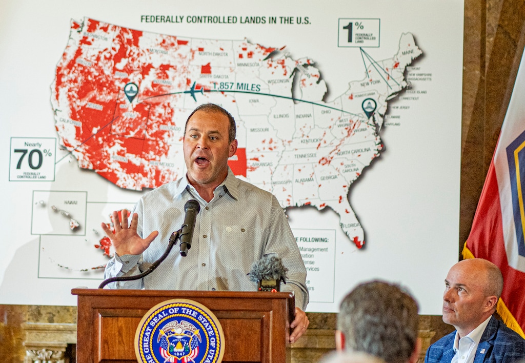 (Rick Egan | The Salt Lake Tribune)  House Speaker Mike Schultz talks about public lands during a news conference at the Capitol on Tuesday, Aug. 20, 2024.
