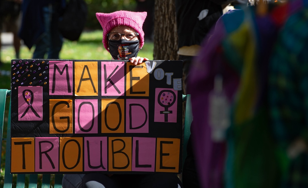 (Francisco Kjolseth  |  The Salt Lake Tribune) Laura Bush joins demonstrators gathered in Salt Lake City, uniting with Women’s March rallies happening in Washington D.C. and around the country on Saturday, Oct. 17, 2020, to signal their opposition to President Donald Trump and his agenda, including his push to fill the seat of late Supreme Court Justice Ruth Bader Ginsburg before election day.