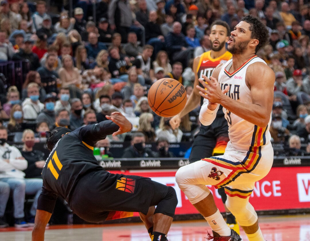 (Rick Egan | The Salt Lake Tribune)  Utah Jazz guard Mike Conley (11) stops a Pelican fast break by knocking the ball out of the hands of New Orleans guard Josh Hart (3), in NBA action between the Utah Jazall out of thez and the New Orleans Pelicans, at Vivint Arena, in Salt Lake City, on Friday, Nov. 26, 2021.