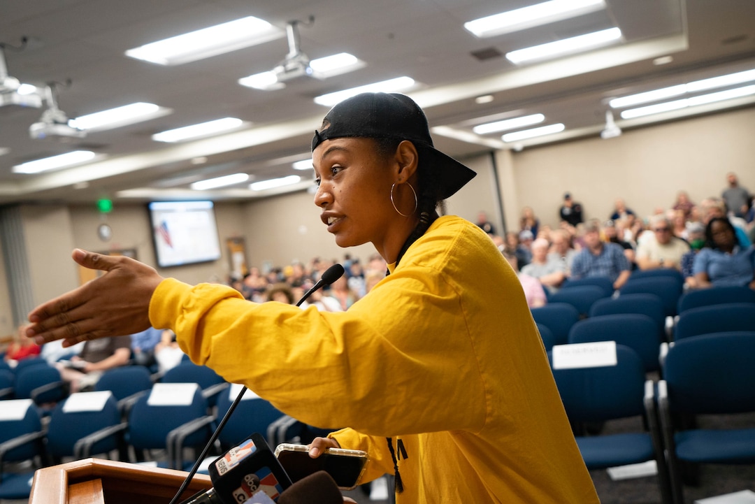 (Francisco Kjolseth | The Salt Lake Tribune) Rae Duckworth who has a child that attends the Granite school district speaks passionately over the need for the teaching of critical race theory as she goes before the Granite school board of education during a meeting on Tuesday, July 6, 2021.