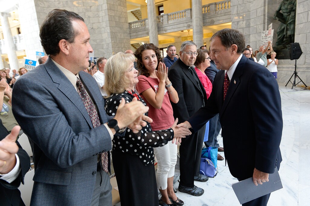 Francisco Kjolseth | The Salt Lake TribuneGayle Ruzicka, conservative political activist and leader of the Utah Eagle Forum, shakes hands with Gov. Gary Herbert after he spoke at the "Women Betrayed" rally on Wednesday, Aug. 19, following his decision to remove the state from federal funding of Planned Parenthood.
