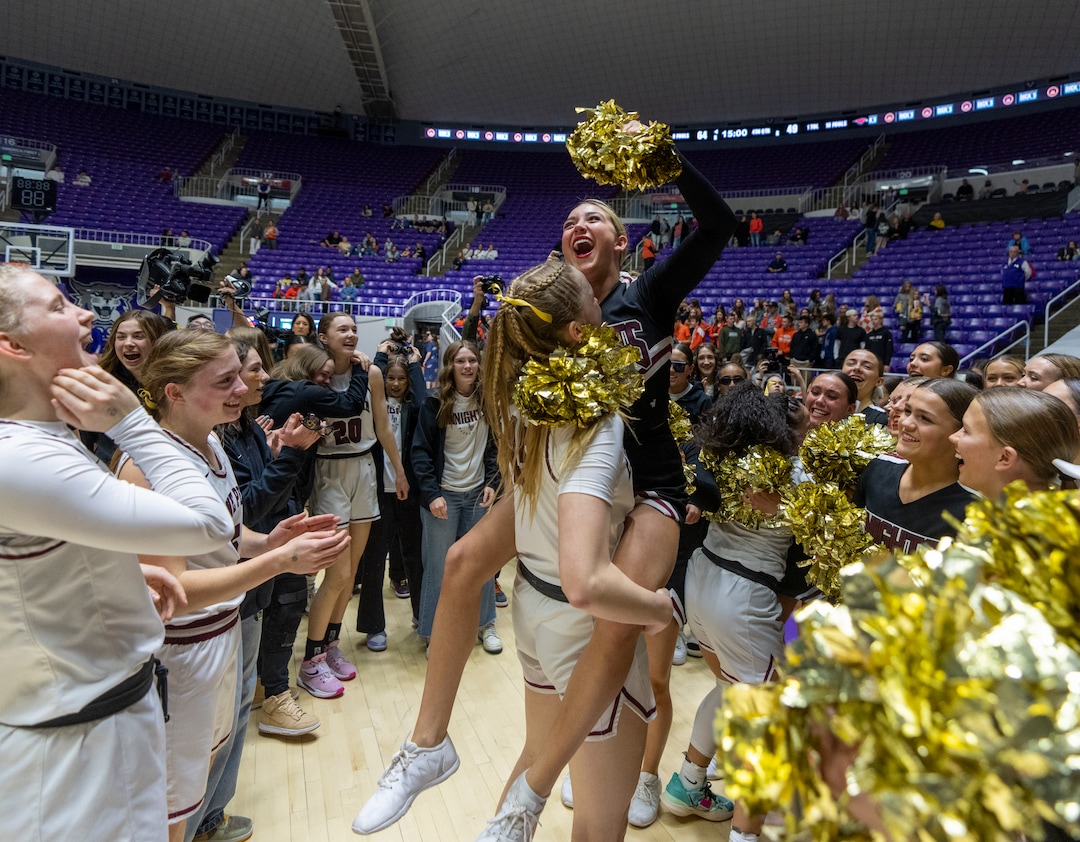 (Rick Egan | The Salt Lake Tribune) Lone Peak's celebrates their win over the Skyridge Falcons, in the 6A girls Championship Game between Skyridge and Lone Peak, at Weber State, on Saturday, March 4, 2023.