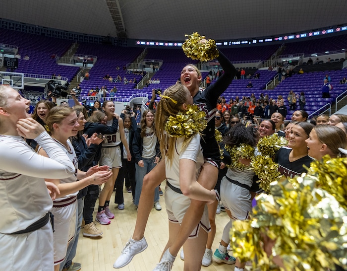 (Rick Egan | The Salt Lake Tribune) Lone Peak's celebrates their win over the Skyridge Falcons, in the 6A girls Championship Game between Skyridge and Lone Peak, at Weber State, on Saturday, March 4, 2023.
