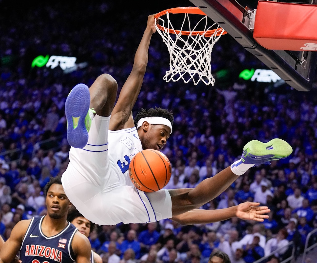 (Francisco Kjolseth | The Salt Lake Tribune) BYU Cougars forward AJ Dybantsa (3) makes a dunk as BYU hosts Arizona, NCAA basketball in Provo on Jan. 26. Dybantsa declared for the NBA Draft on Thursday.