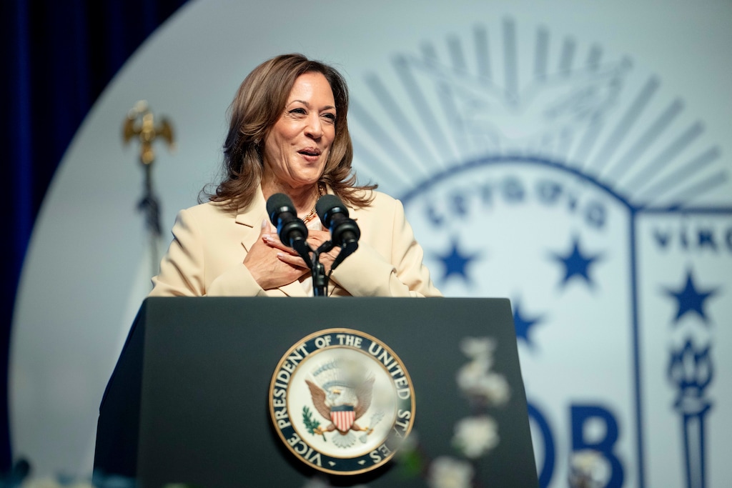(Erin Schaff | The New York Times) Vice President Kamala Harris, a candidate for the Democratic presidential nomination, speaks at Zeta Phi Beta's Grand Boulé convention in Indianapolis on Wednesday, July 24, 2024.