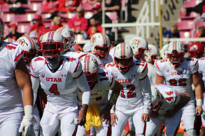 (Christopher Kamrani | The Salt Lake Tribune) Utah's White squad warms up prior to the Utah Red-White game Saturday afternoon at Rice-Eccles Stadium.
