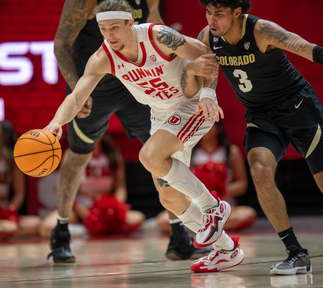 (Rick Egan | The Salt Lake Tribune) Utah Utes guard Gabe Madsen (55) steals the ball from Colorado Buffaloes guard Julian Hammond III (3), in PAC-12 basketball action between the Utah Utes and the Colorado Buffaloes a the Jon M. Huntsman Center, on Saturday, Feb. 3, 2024.