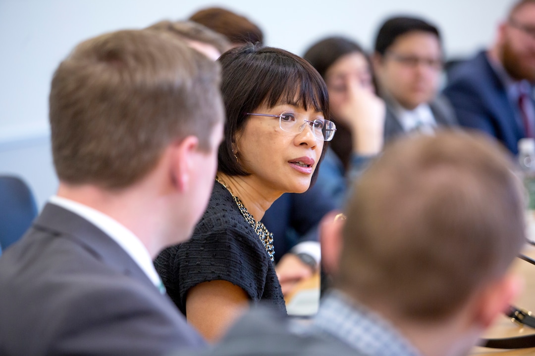 (Kim Raff  |  Special to Utah Valley University)  Soon-to-be Utah Valley University President Astrid Tuminez talks with students during a UVU Student Association interview on Thursday, April 19, 2018. She will replace Matthew S. Holland, who is scheduled to leave the school in June to become an LDS Church mission president.