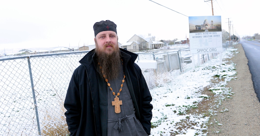 (Al Hartmann | The Salt Lake Tribune)
Rev. Justin Havens stands near the property in Bluffdale where Saints Peter and Paul Orthodox Christian Church wants to build a new church and religious campus.